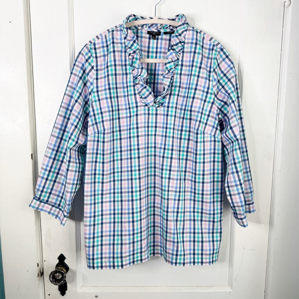 Talbots Plaid Ruffle Collar Popover 100% Cotton Top Shirt Non Iron Size 12 P